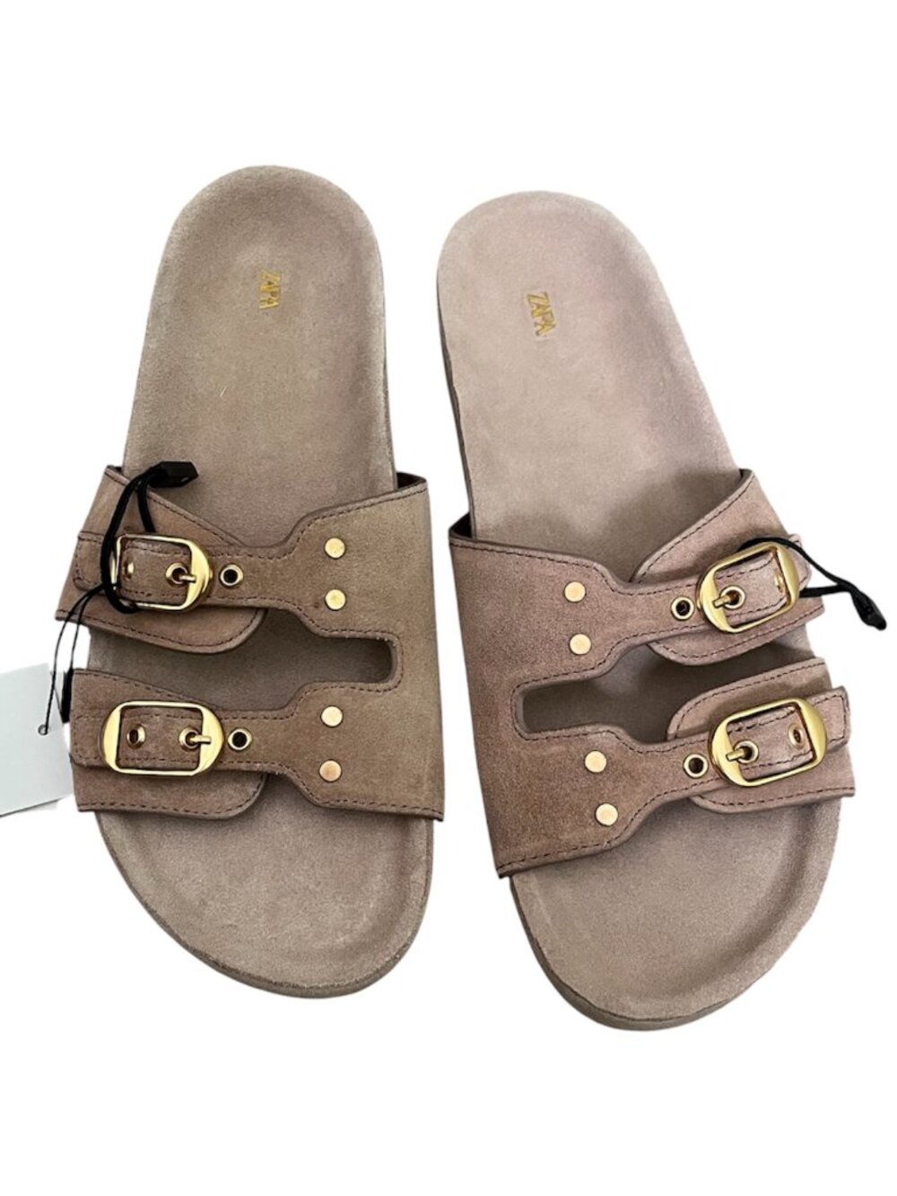Zara Leather Double Buckle Slide Sandals Beige Size 10 Comfort Flat Slip On NWT